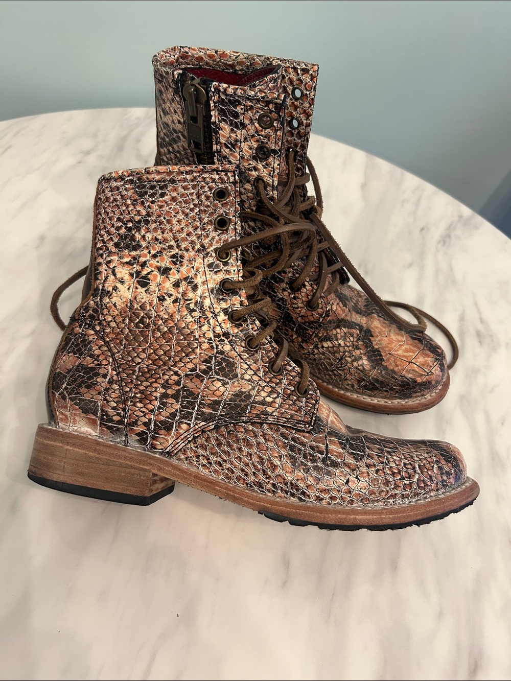 Brown Snake-Print Leather Lace-Up Women's Boots